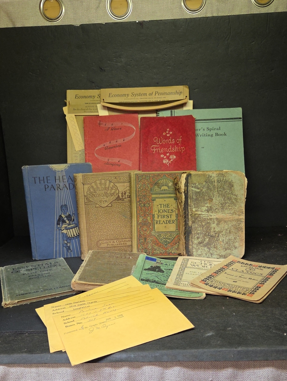 12 vintage school books, report cards, Penmanship Practice
